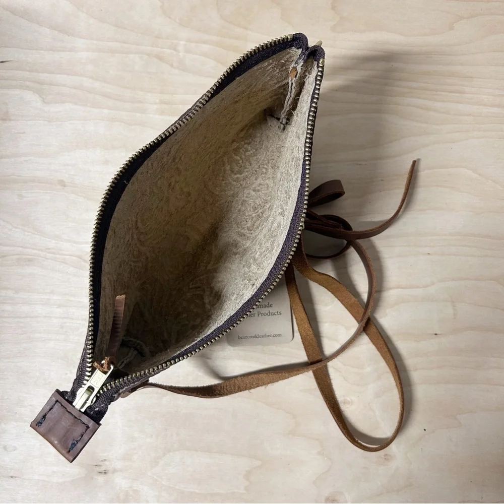 Bear Creek Leather Crossbody Bag with an Embossed Floral Design, Handmade, Brown
